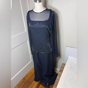 J Kara Navy Blue Beaded Mesh Gown Long Sleeve Formal Dress | Size 10 NWT